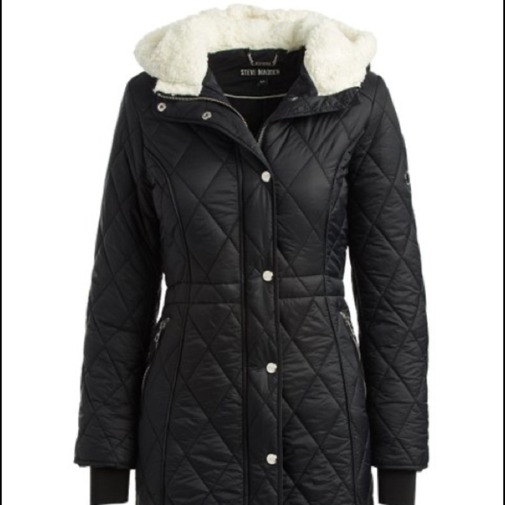 NWT Steve Madden Black Sherpa Trim Quilted Anorak